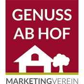 Logo Genuss ab Hof, Haus mit Baum und Wortlaut Genuss ab Hof